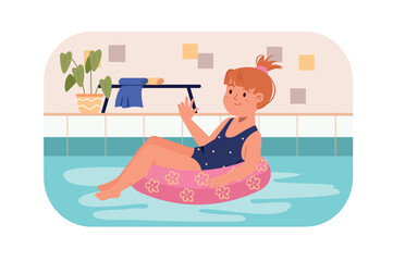 Canvas Print - Children in swimming pool concept with people scene in flat design. Teenager girl in swimsuit floats on inflatable ring and relaxes on vacation. Vector illustration with character situation for web