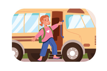 Wall Mural - Children go back to school concept with people scene in flat design. Cute teenager girl enters yellow school bus and goes to lessons in classroom. Vector illustration with character situation for web