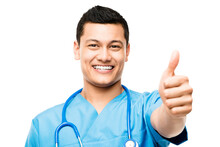 A Young Male Nurse Giving The Thumbs Up Isolated On A PNG Background.