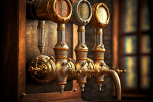 Three Antique Beer Taps On Bar In Old Pub