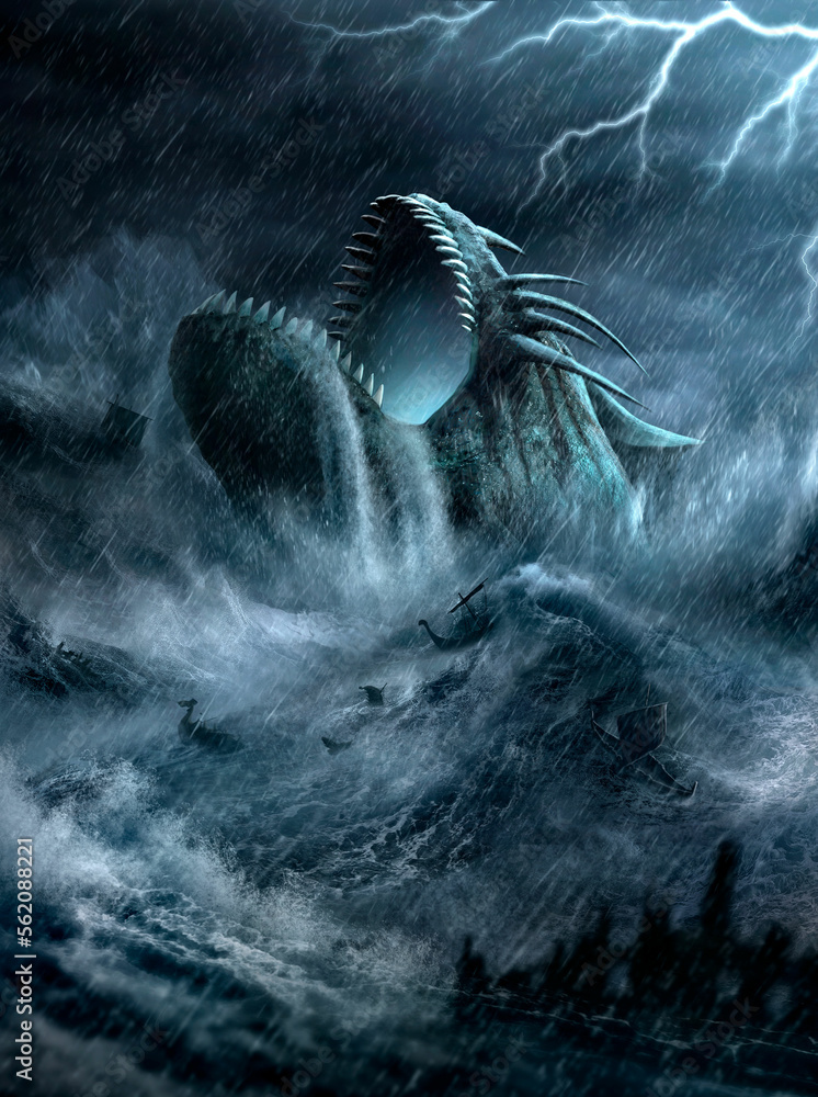 An ancient underwater creature with sharp teeth and an open mouth ...