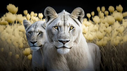 Wall Mural - two young white lions on a field in flowers in the savannah, wildlife animal.