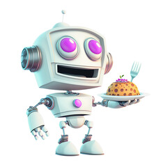 Cute android waiter serving dessert cut out. Generative AI illustration