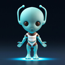 Blue Alien Robot,  Cute, 3d Render Of A Cute Cyan Cyborg Alien Centered On A Dark Background, 3d, Cyan Baby Alien, Big Eyes And 2 Antennas, Toon Toy Robot In A Dark Blue Background, UFO, Generative AI