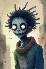 Poor Homeless Teenager Zombie With Dreadlocks And Radiation Glow Eyes In The Slums Of The City, Dangerous In Large Unsupervised Friend Groups When Parent Zombies Sleep - Generative AI Illustration.
