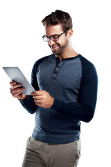 Wall Mural - A handsome young man using a digital tablet isolated on a PNG background.