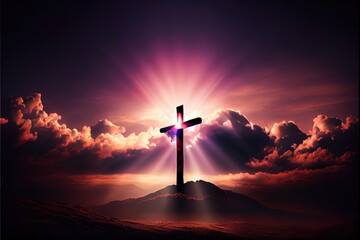 Poster - The cross sits at the top of the mountain, and the light shines on Calvary Hill. at sunrise concept of ascension day Christian Easter. Hope, Faith, Faith in Jesus Christ, Christianity Generative AI