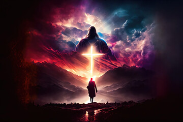 Poster - Jesus walking to the top of the mountain where the cross stands and the light falls on Calvary hill. at sunrise hope faith faith in jesus christ christianity Generative AI