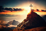 Fototapeta Tęcza - The cross sits at the top of the mountain, and the light shines on Calvary Hill. at sunrise concept of ascension day Christian Easter. Hope, Faith, Faith in Jesus Christ, Christianity Generative AI