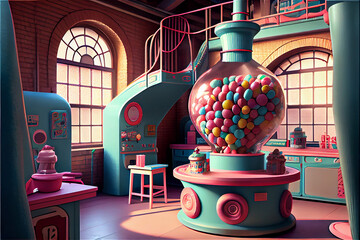 Wall Mural - Fantastic magical candy factory with multicolored treats, generative AI