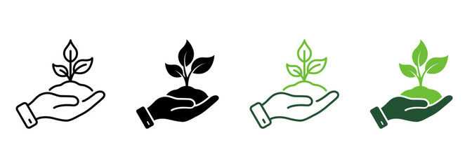 Ecology Organic Seedling Line and Silhouette Icon Set. Growth Eco Tree Environment. Plant in Human Hand Symbol Collection on White Background. Agriculture Concept. Isolated Vector Illustration