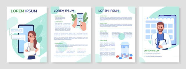 Telecommunication technologies in medicine flat vector brochure template. Booklet, leaflet printable flat color designs. Editable magazine page, reports kit with text space. Quicksand font used