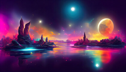Wall Mural - futuristic fantasy night landscape with abstract landscape and island