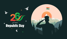 Silhouette Of Indian Soldier Saluting Flag For Indian Republic Day Banner Editable Template.
