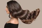 woman shiny long wavy hair up. side view. grey background