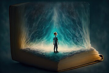 a boy stand on a giant book opened on ground with fairytale nature pop out from paper page, idea for imagination of childhood theme background wallpaper Generative Ai