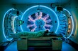 Proton therapy accelerator: Patient on table surrounded by large medical device emitting bright blue light, precise doses of proton therapy to target and destroy tumor, sterile medical room.