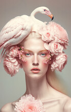 Abstract Gentle Portrait Of A Light Pink Flamingo Hairstyle With Fresh, Pastel Pink Flowers On Young Girl. Illustrated Animal Creative Concept. Generative AI.