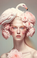 Wall Mural - Abstract gentle portrait of a light pink flamingo hairstyle with fresh, pastel pink flowers on young girl. Illustrated animal creative concept. Generative AI.