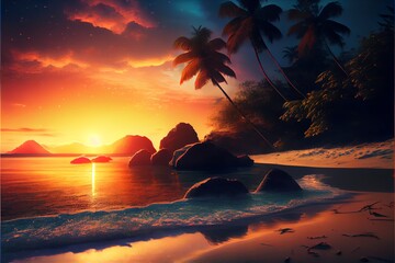 Scenery from paradise beach on a tropical island. sunrise image.. Generative AI