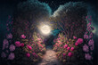 Mysterious path through a fantasy forest with roses in the night, Generative AI