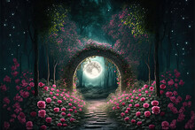 Beautiful Path Through An Arch With Roses In The Night, Generative AI