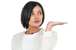 A businesswoman gesturing isolated on a PNG background.