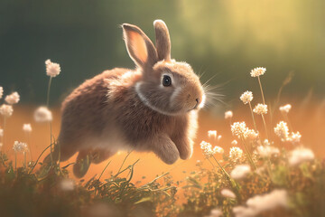 Wall Mural - Cute Bunny rabbit running through a dreamy field at Easter during the spring season, Generative AI stock illustration image