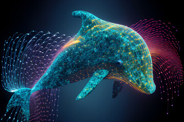 Wall Mural - neural network of a dolphin brain with data and artificial intelligence circuit board in the body of