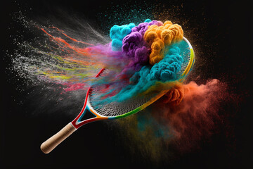 Tennis Racket hitting colorful powder. 