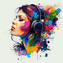 Girl With Black Headphones. Music. Colorful Splashes And Strokes. Side View. For Posters, Notebooks, T-shirts, Clothing, Mugs, Prints.