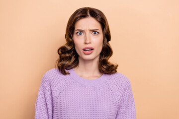 Wall Mural - Photo of stressed depressed lady wear violet clothes impressed negative bad news russian agression isolated on beige color background