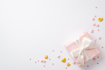 Wall Mural - Valentine's Day concept. Top view photo of pastel pink present box with silk ribbon bow golden hearts and sprinkles on isolated white background with copyspace