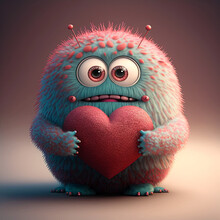 Adorable Monster Holding A Heart. Cute Valentines Monster. Cute Fluffy Creature With A Heart. Valentines Day Card.