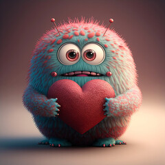 adorable monster holding a heart. cute valentines monster. cute fluffy creature with a heart. valent