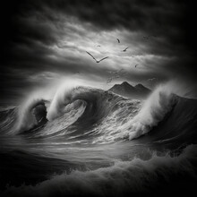 Black And White Image Of Ocean Waves Over Which Seagulls Fly