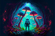 An astronaut in a spacesuit in a forest of colored hallucinogenic mushrooms. A small astronaut under large multi-colored mushrooms.