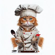 Portrait Of A Funny Cat Dressed In The Uniform Of A Cook, Chef, On A White Background.