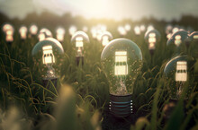 Many Light Bulbs Lit On A Green Meadow At Sunset. Clean Energy Concept. Energy From Nature. Illustration. Generarive AI.