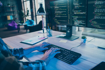 photo of busy freelancer arms hands programming application modern gadget indoors workplace workstat