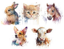 Safari Animal Set Cow, Cat, Horse, Hare, Dog In Watercolor Style. Isolated Vector Illustration