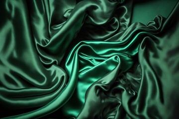 Dark green silk satin background. Beautiful soft folds on the smooth surface of the fabric. Luxury background with copy space for design. Wide banner. Top view. Flat lay