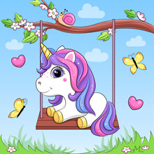 Cute Cartoon Unicorn On A Swing. Vector Illustration Of An Animal On A Blue Background With Hearts And Butterflies.