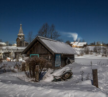 A Frosty Night In A Russian Village. Vologda Region. Russia