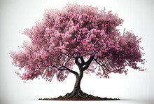 Large Pink Cherry Blossom Tree On White Background. Digital Art Style. Generative AI