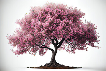 Large pink Cherry Blossom tree on white background. Digital art style. Generative AI