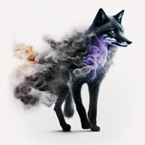 Fototapeta Konie - renard noir qui disparait en fumée - fond uni - illustration généré par IA