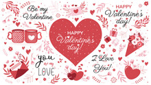 Vector Set Of Elements For Valentine's Day. Inscriptions, Hearts, Vegetation, Flowers, Mugs, Love Letters, Bouquet Of Flowers