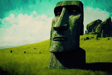 Wall Mural - large moai covered with green grass towered in front of the traveler. digital art style. generative 