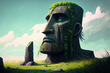 Large Moai covered with green grass towered in front of the traveler. Digital art style. Generative AI